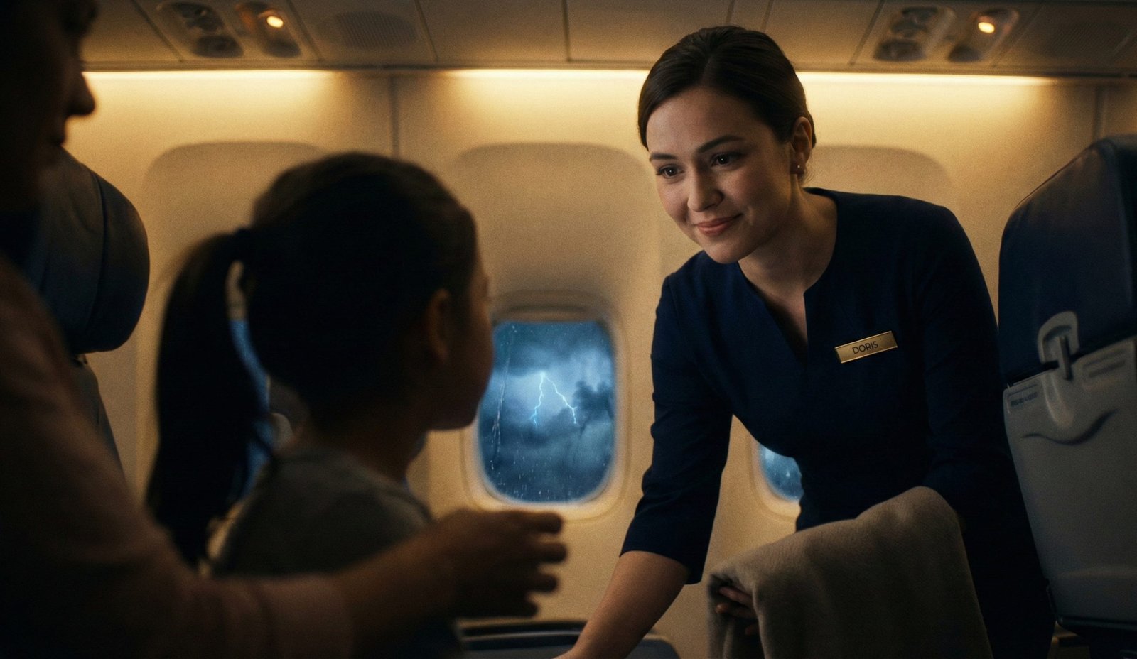 Julia meets Doris for the first time on a stormy night flight